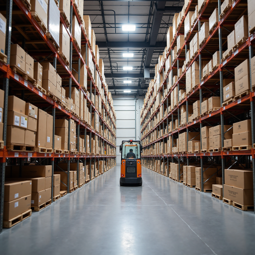 某制造企业仓库内部，现代化仓储设施，货架整齐排列，工作人员操作叉车搬运货物